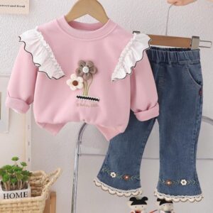 CONJUNTO BUZO ROSA FLOR CON JEANS DETALLE CROCHET T 12-18 MESES