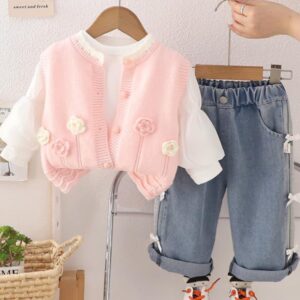 SET 3 PIEZAS, CHALECO ROSA, MANGAS LARGAS Y JEANS T 4 AÑOS