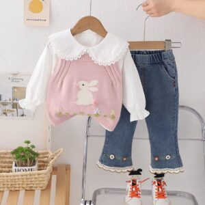 SET DE 3 PIEZAS CHALECO ROSA CON CAMISA Y  JEAN 9-12 MESES