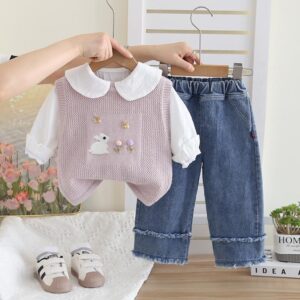 SET DE 3 PIEZAS CHALECO LILA CON CAMISA Y  JEAN 9 -12 MESES