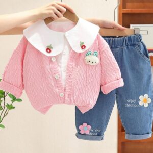 SET 3 PIEZAS, SAQUITO ROSA, CAMISA Y JEANS T 5 AÑOS