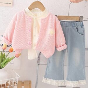 SET 3 PIEZAS, SAQUITO ROSA, CAMISA  Y JEANS T 4 AÑOS