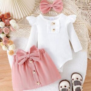 CONJUNTO BODY MANGAS LARGAS CON POLLERA CORDEROY Y VINCHA T 6-9 MESES