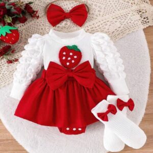 VESTIBODY MANGAS LARGAS FRUTILLITA CON MEDIAS Y VINCHA T 6-9 MESES