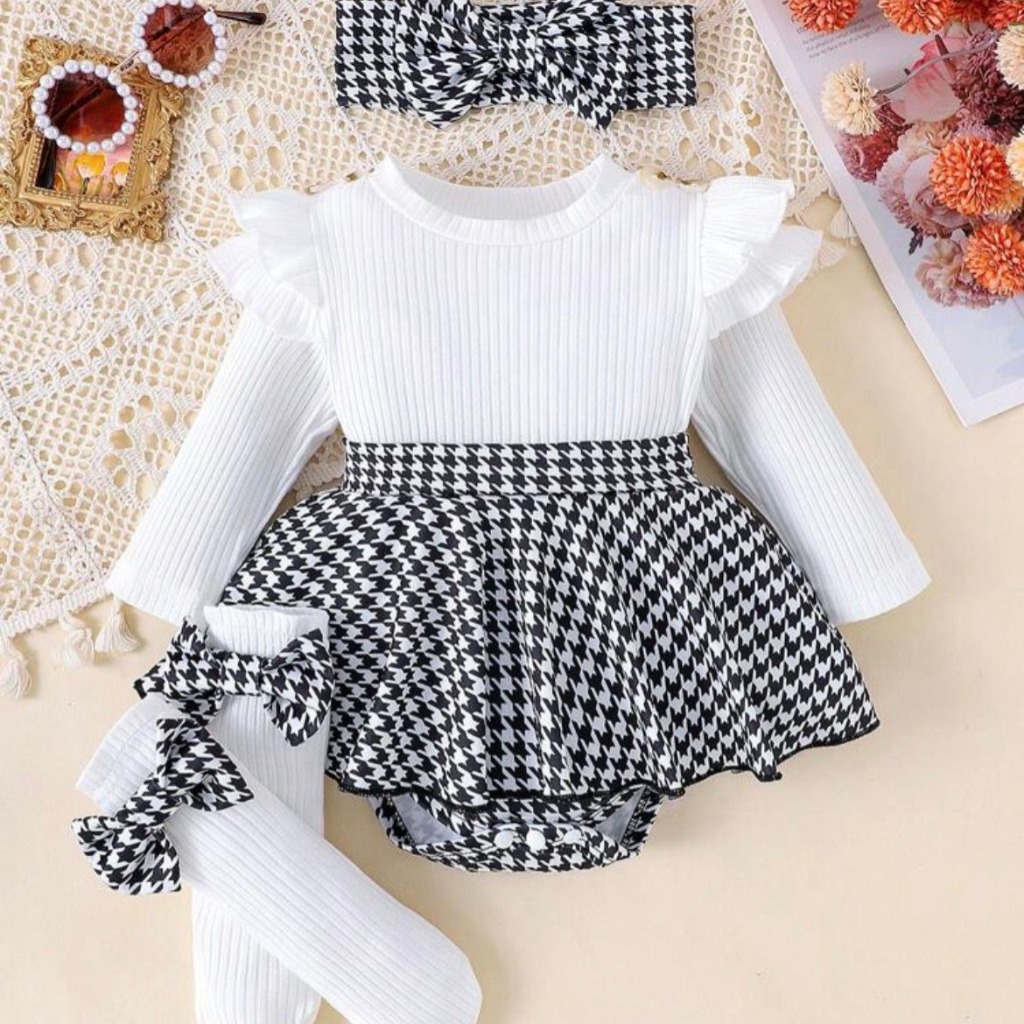 VESTIBODY MANGAS LARGAS BLANCO Y NEGRO CON VINCHA Y MEDIAS T 12-18 MESES