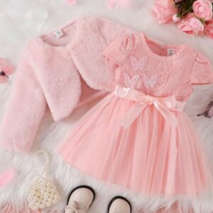 VESTIDO ROSA CON CINTO Y SAQUITO T 18-24 MESES