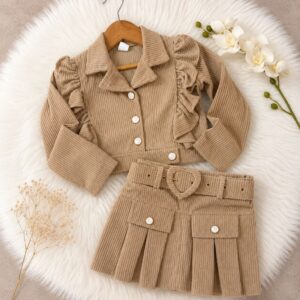 CONJUNTO 3 PIEZAS CORDEROY CAMPERA, SHORT POLLERA Y CINTO CORAZON