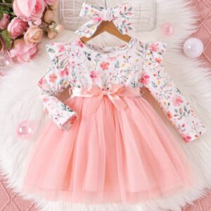 VESTIDO FALDA TUL  MELOCOTÓN CON CINTO Y LAZO T 12-18 MESES