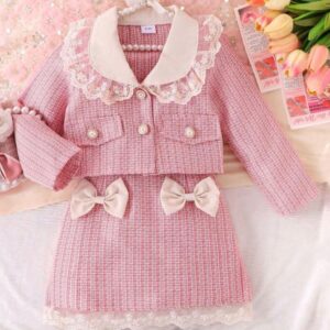 CONJUNTO SAQUITO Y POLLERA ROSA DETALLES ENCAJE  T 5 AÑOS