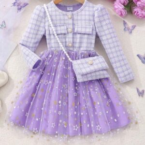 VESTIDO LILA CON TUL ESTRELLAS Y CARTERITA T 5 AÑOS