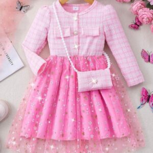 VESTIDO ROSA CON TUL ESTRELLAS Y CARTERITA T 2-3 AÑOS
