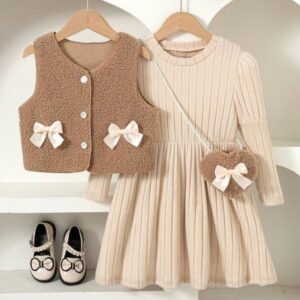 VESTIDO MARRON CON CHALECO Y CARTERITA T 2-3 AÑOS