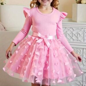 VESTIDO MANGAS LARGAS ROSA, FALDA MARIPOSA T 6 AÑOS