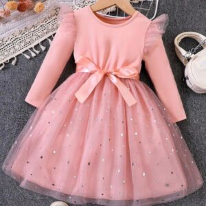 VESTIDO MANGAS LARGAS DURAZNO, FALDA ESTRELLITAS CON CINTO T 2--3 AÑOS