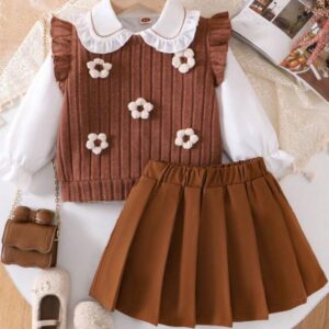 SET 3 PIEZAS, CAMISA, CHALECO Y FALDA TABLEADA MARRÓN T 4 AÑOS