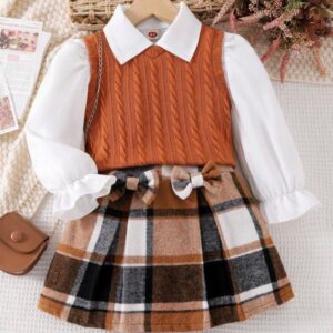 SET 3 PIEZAS, CAMISA, CHALECO Y FALDA CUADRILLE MARRÓN T 5 AÑOS