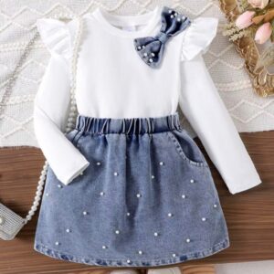 CONJUNTO MANGAS LARGAS CON FALDA DE JEANS CON PERLITAS T 5 AÑOS