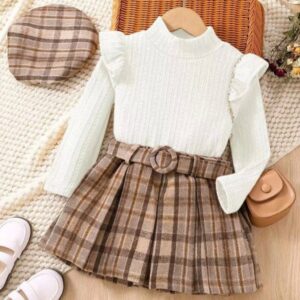 CONJUNTO MANGAS LARGAS CON FALDA CUADRILLE CON CINTO Y BOINA T18-24 MESES