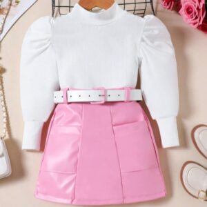CONJUNTO MANGAS LARGAS CON FALDA CUERINA ROSA Y CINTO T 7 AÑOS