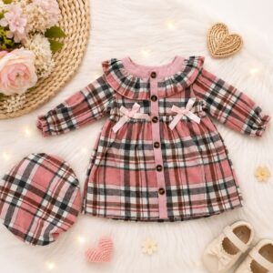 VESTIDITO CUADRILLE ROSA DETALLE MOÑOS CON BOINA  T 18-24 MESES
