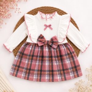 VESTIDO MANGAS LARGAS FALDA CUADRIYE  T 0 -3 MESES