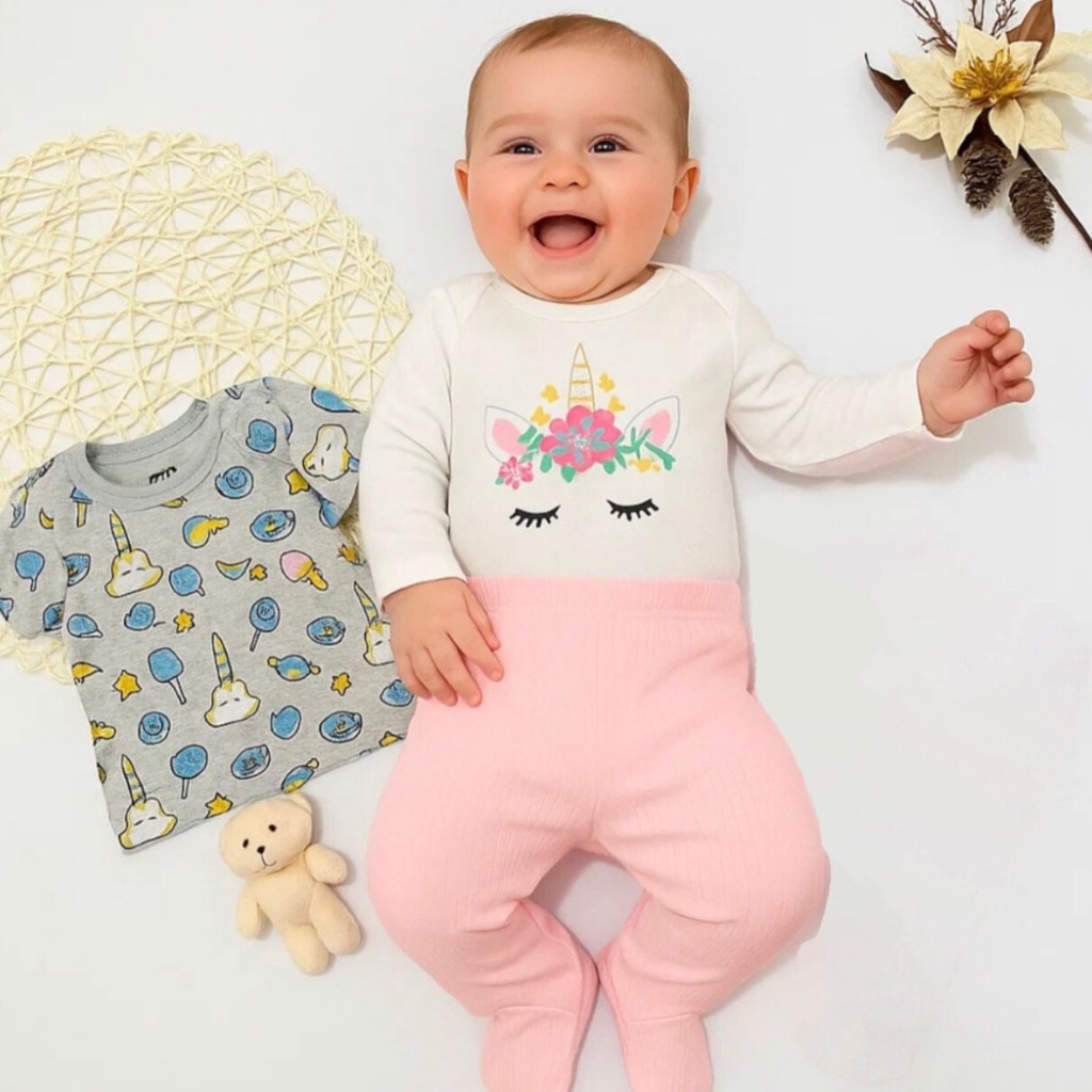 SET 3 PIEZAS, BODY MANGAS LARGAS UNICORNIO, PANTALON Y REMERITA T 0-3 MESES