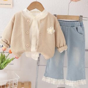 SET 3 PIEZAS, SAQUITO MARRON, CAMISA  Y JEANS T 2-3 AÑOS