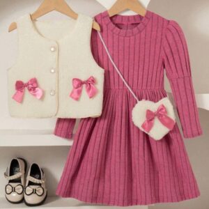 VESTIDO ROSA CON CHALECO BEIGE Y CARTERITA T 4 AÑOS