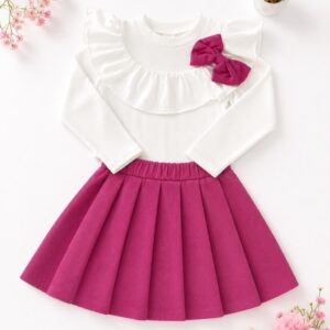 CONJUNTO MANGAS LARGAS CON POLLERA CORDEROY ROSA T 6 AÑOS