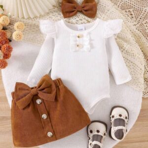 CONJUNTO 3 PIEZAS BODY CON BRODERY, POLLERA Y VINCHA 9-12 MESES