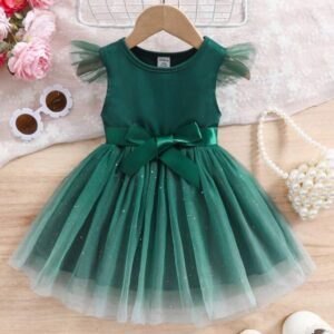 VESTIDO VERDE, TUL BRILLOS CON CINTO T 0-3 MESES