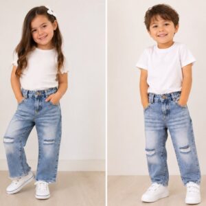 JEANS UNICEX COLOR CELESTE PRE LAVADO CON ROTURA  T 5 AÑOS