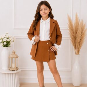 CONJUNTO DE 3 PIEZAS BLAZER,CAMISA MANGAS LARGAS CON SHOR POLLERA T 5 AÑOS