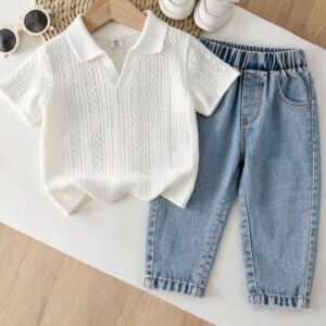 CONJUNTO REMERA POLO BLANCO CON PANTALÓN JEANS T 9-12 MESES