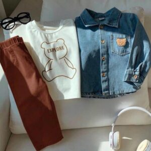 CONJUNTO 3 PIEZAS CAMPERA DE JEANS CON MANGAS LARGAS Y PANTALÓN MARRÓN T 6-9 MESES
