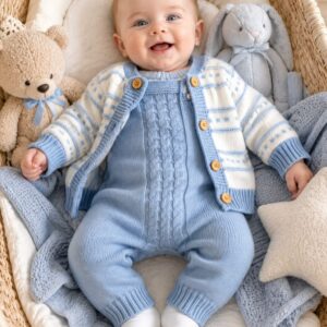 CONJUNTO TEJIDO HILO DE ALGODON JARDINERA Y SACO 3-6 MESES