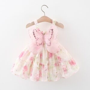 VESTIDO FLOREADO CON ALITAS DE MARIPOSAS DETALLES PLATEADO T 6-9 M