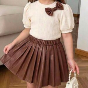 CONJUNTO BLUSA Y POLLERA SIMIL CUERINA MARRÓN T 6 AÑOS