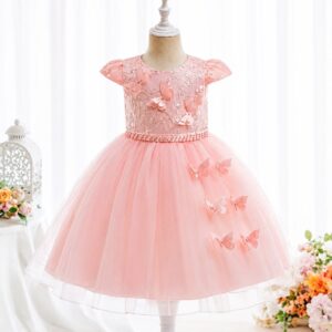 VESTIDO ROSA  DE FIESTA MARIPOSAS Y PERLAS T 9-12 MESES