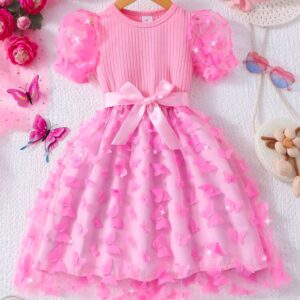 VESTIDO ROSA CON MARIPOSAS 3D Y CINTO T 5 AÑOS
