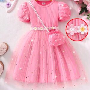 VESTIDO ROSA DETALLES PERLITAS Y FLORES CON CARTERITA T 7 AÑOS