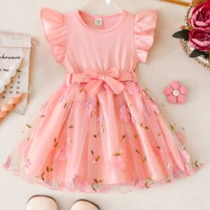 VESTIDO ROSA CON DETALLES BORDDOS Y CINTO T 9-12 MESES