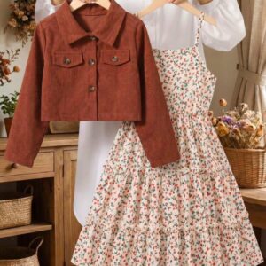 VESTIDO FLOREADO CON CAMPERA DE CORDEOI MARRÓN 7 AÑOS
