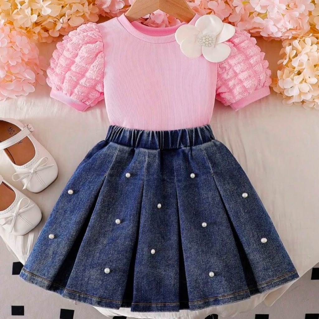 BLUSA MANGAS PRINCESA COLOR ROSA CON POLLERA DE JEANS TABLEADO CON PERLAS T 6 AÑOS
