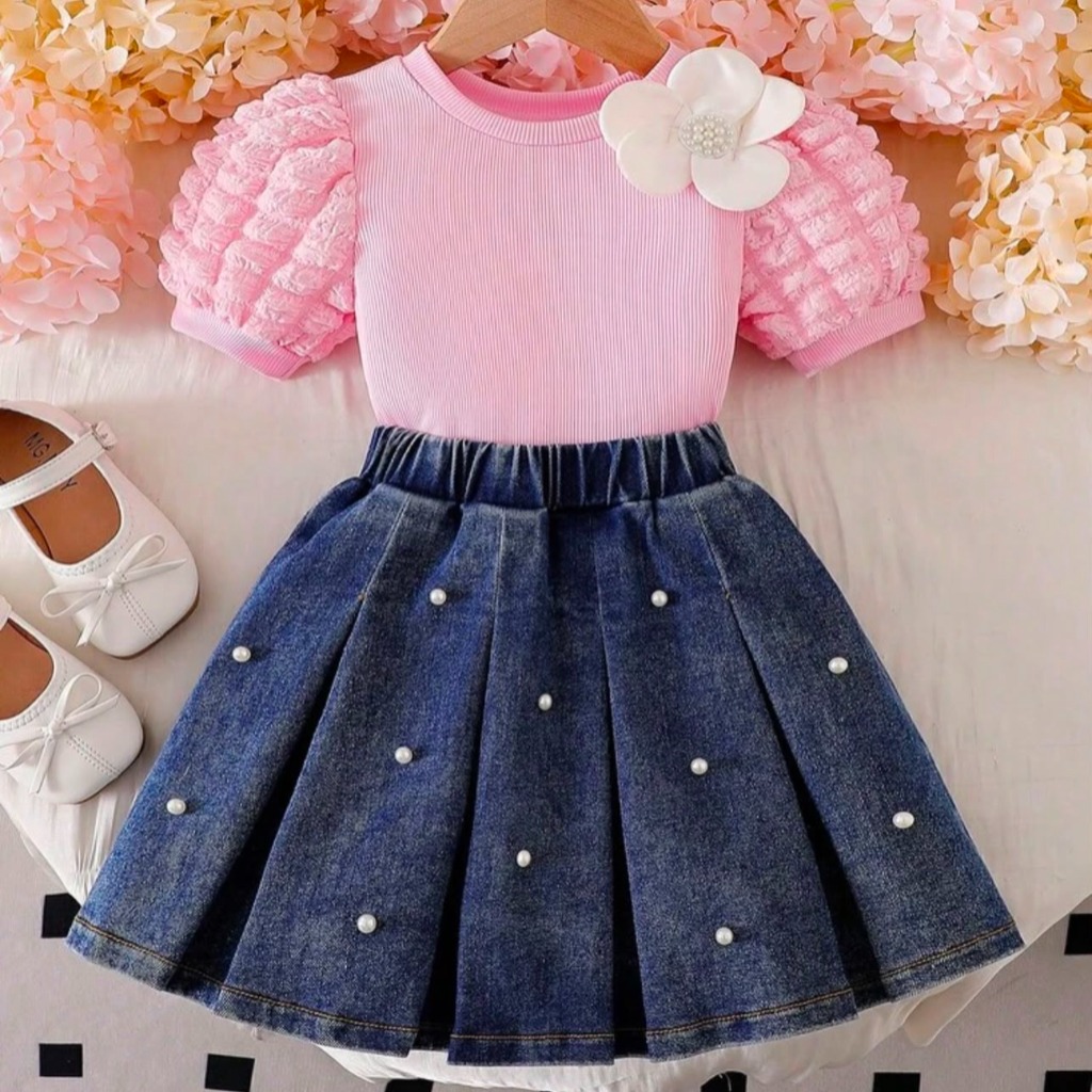BLUSA MANGAS PRINCESA COLOR ROSA CON POLLERA DE JEANS TABLEADO CON PERLAS T 6 AÑOS - Imagen 2