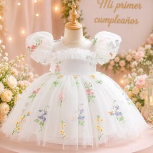 VESTIDO DE FIESTA ELEGANTE BLANCO CON ENCAJE DE FLORES T 18-24 MESES