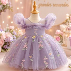 VESTIDO ELEGANTE DE FIESTA CON ENCAJES DE FLORES COLOR MORADO T 9-12 MESES