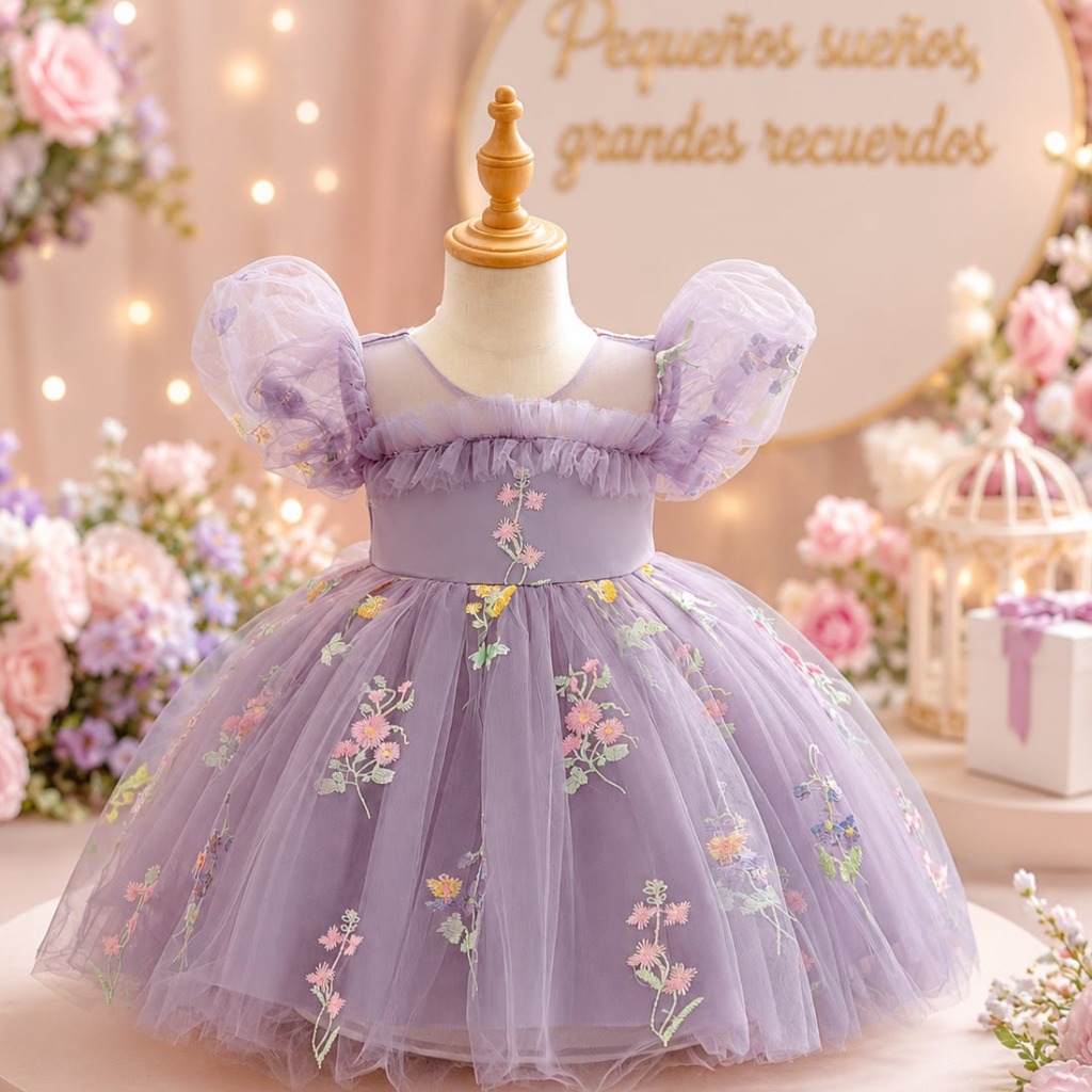 VESTIDO ELEGANTE DE FIESTA CON ENCAJES DE FLORES COLOR MORADO T 9-12 MESES - Imagen 2