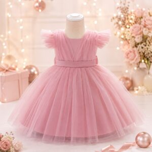 VESTIDO ELEGANTE DE FIESTA CON TUL COLOR ROSA VIEJO DRAPEADO 9-12 M