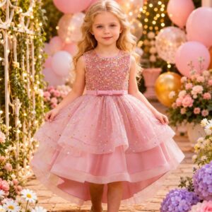 VESTIDO ELEGANTE CON LENTEJUELA CON COLA COLOR ROSA VIEJO T 6 AÑOS